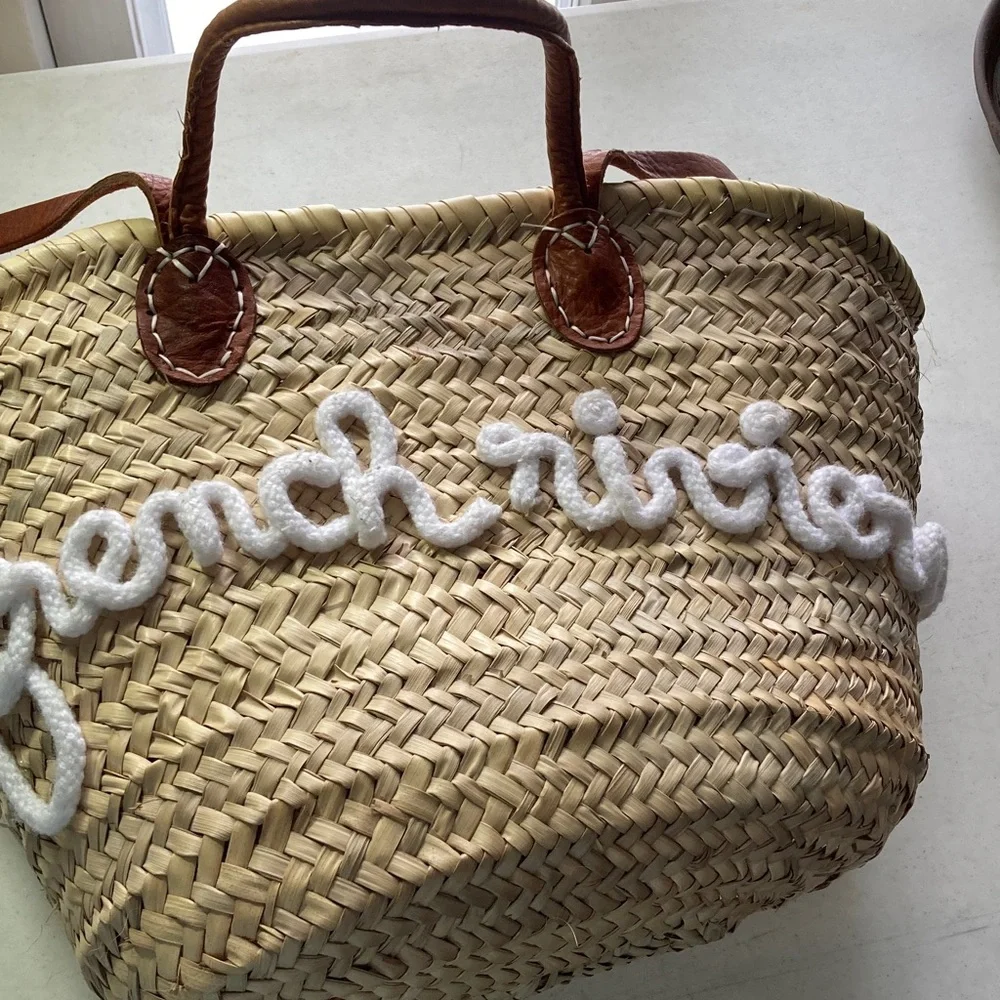 “French Riviera” script: Tan Woven Tote Bag - Picture 3 of 13
